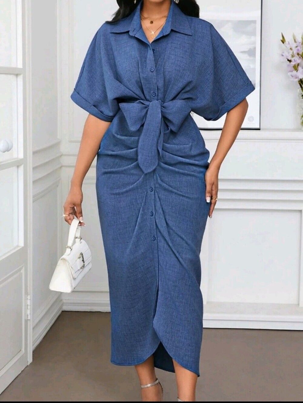 Blue Tie-Waist Button-Front Midi Skirt